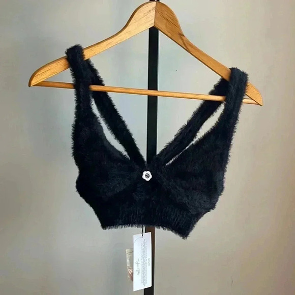 NWT For Love And Lemons fuzzy black bralette flower detail size XS - Picture 1 of 5